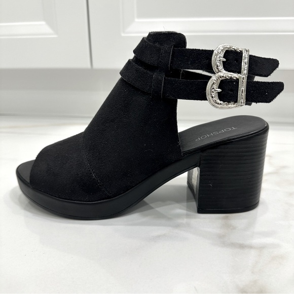 TOPSHOP Brand New Women’s Black Suede Heeled Buckle Peaking Toe Bootie Sandals - Picture 6 of 11